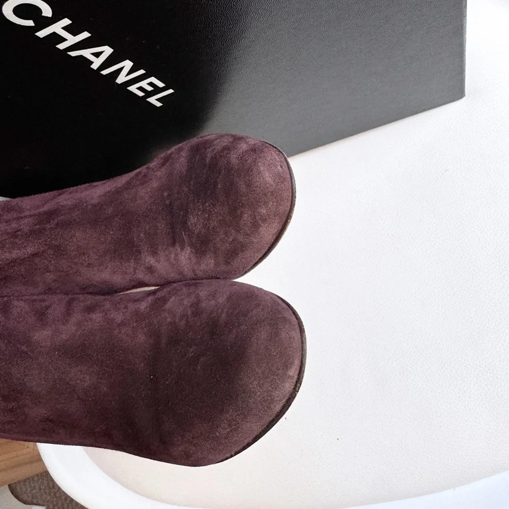 Chanel Burgundy Suede Ankle Boots with Gold CC